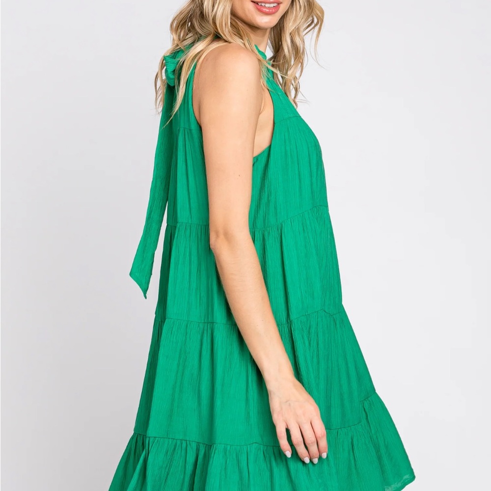 Green Ruffle Mock Neck Tiered Dress - Picture 4 of 9